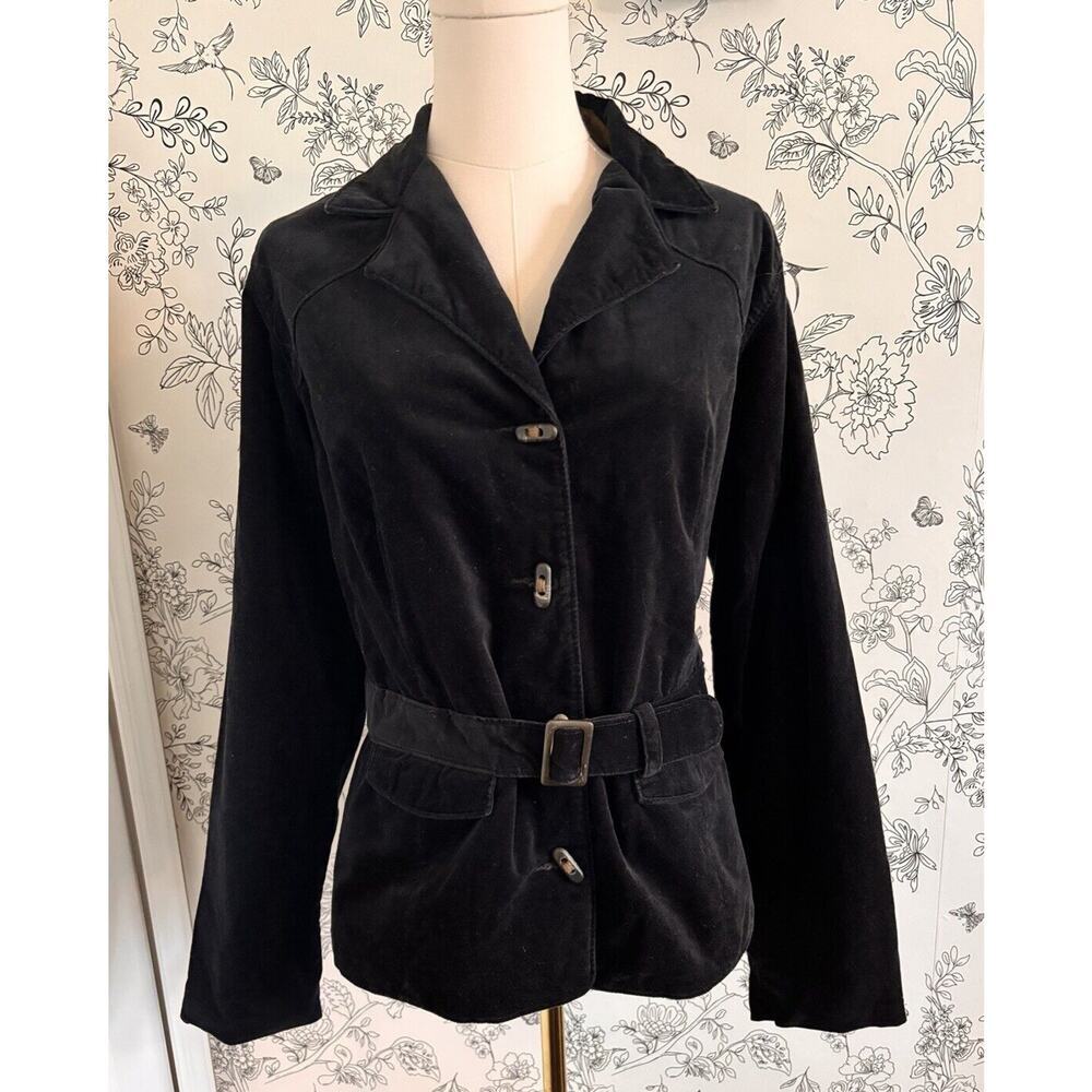 Vtg Columbia River Resort Jacket Black Velvet Soft Lined w Belted Waist Medium